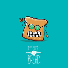 vector funny cartoon cute sliced bread character isolated on turquoise background. My name is bread concept illustration. funky food character or bakery label mascot