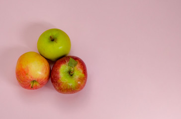 Three ripe juicy apples of new crop. Group of different colors apples isolated on pink background with copy space. Symbol of healthy lifestyle. Fruits rich in vitamins, iron. Harvest festival.