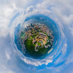 Little planet 360 degree sphere birds eye view. Panoramic view of aerial view of Hong Kong...