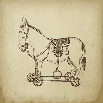 Retro rocking toy donkey or horse on wheels sketch vector illustration. Vintage toys drawn by hands sketch ink pen on a beige old paper background.