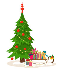 Christmas tree with gifts in a sled. Cute and bright vector illustration in cartoon flat style. Merry Christmas.