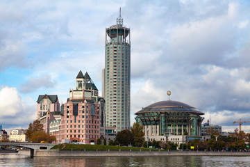 View of the building of the Moscow House of Music from the bridge over the Moscow River