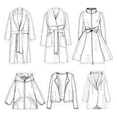 white background, set, collection a sketch of fashionable women's coats