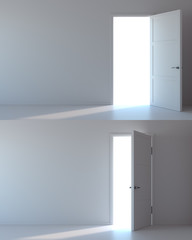 Set, white wall with an open door. Sun shine outside. 3D Rendering