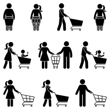 Stick Figure Man And Woman With Shopping Cart Vector Icon People Pictogram. Happy Family In Supermarket Buying Food Silhouette