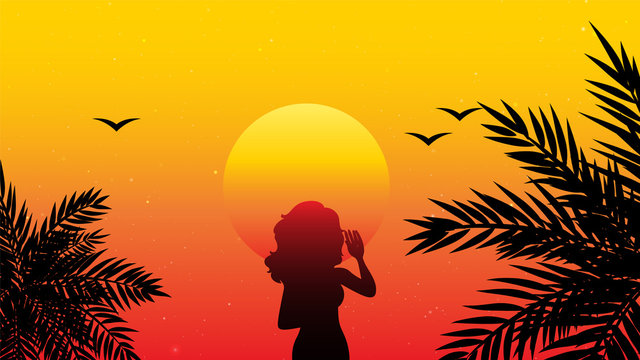 sunset landscape background, beach, palm, sun, yellow, birds, girl