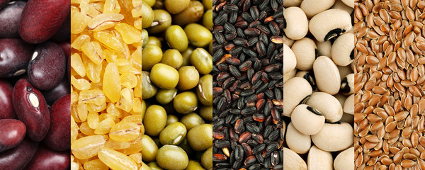 Collage made of high quality images of different legumes and cereals