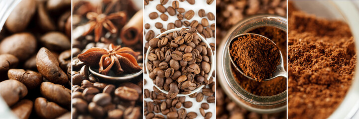 Collage made of different close-up images of coffee