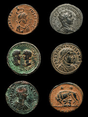 Collage made of high quality images of authentic roman bronze ancient coins