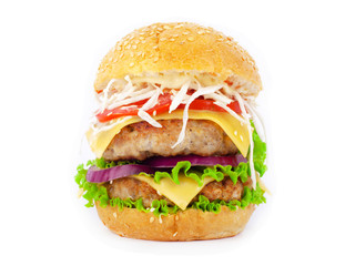 Double burger with cheese, tomato,onion,paprika and lettuce on white background isolated