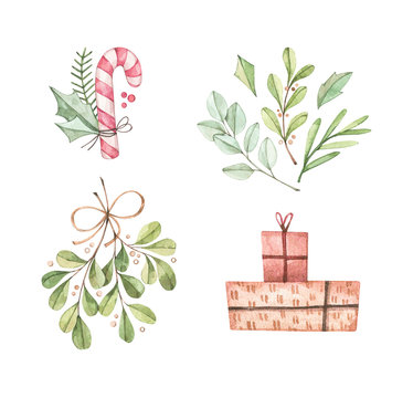 Christmas illustrations with eucalyptus, fir branch, candy, mistletoe and gift boxes - Watercolor illustration. Happy new year. Winter design elements. Perfect for cards, invitations, banners, posters