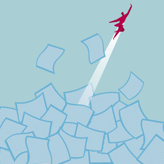 Businessman flies out of the file heap. Isolated on blue background.