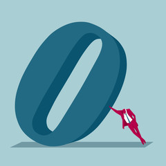 Businessman supports digital symbols. Isolated on blue background.