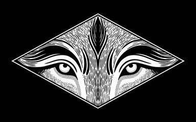 Wolf eyes in geometric setting.Dreamy magic art. Night, nature, wicca symbol. Isolated vector illustration. Great outdoors, tattoo and t-shirt design.