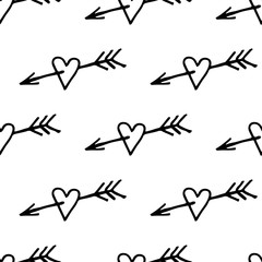 Cute cartoon heart pattern with hand drawn hearts. Sweet vector black and white heart pattern. Seamless monochrome doodle heart pattern for textile, wallpapers, wrapping paper, cards and web.
