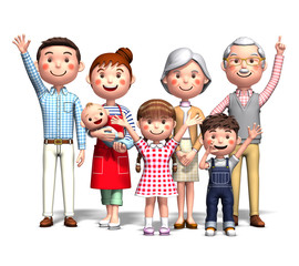 Three generation family illustration in 3d rendering