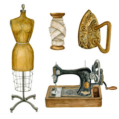 Watercolor vintage illustration of sewing studio equipment