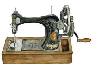 Watercolor vintage illustration of sewing studio equipment