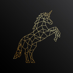Golden Unicorn in polygonal style. Side view. Geometric unicorn illustration. © greens87