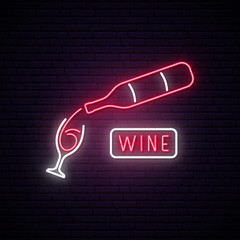 Neon Wine sign. Wine bar advertising design. Bright vector signboard with wineglass and bottle. - obrazy, fototapety, plakaty