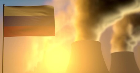 Russia flag wave on smoking factory pipes background on sunset - pollution, global warming concept, UHD 4k 3d animation - Powered by Adobe