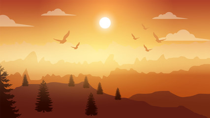 sunset view, landscape background, moutains landscape illustration,  sky, birds, tree