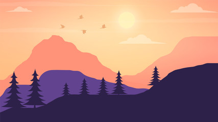 sunset view, landscape background, moutains landscape illustration,  sky, birds, tree
