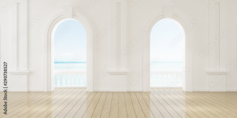 Aufkleber View of empty room in classic style with arch window design,curve details,The sun light cast shadow on the wood floor on sea view background. 3d rendering.	