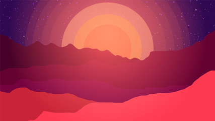 sunset view, landscape background, moutains landscape illustration,  sky, birds, tree