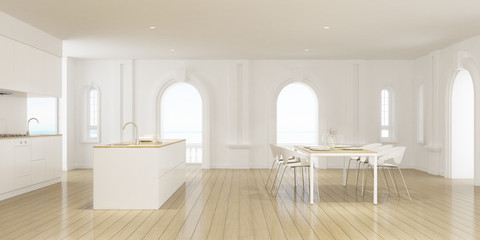 Perspective of luxury kitchen room with dining table and modern white laminate island on sea view background, Classic interior style design, 3D rendering.