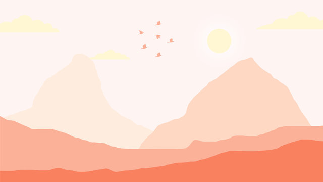 sunset view, landscape background, moutains landscape illustration, sky, birds, tree © LeoSubtle