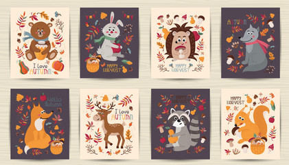 Set of autumn cards with forest animals