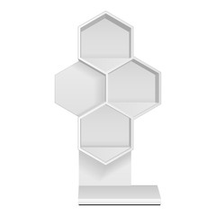 Mockup Hexagonal Retail Shelves Floor Display Rack For Supermarket Blank Empty. Cell. Cardboard . Mock Up. 3D On White Background Isolated. Ready For Your Design. Product Advertising. Vector EPS10