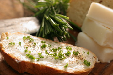 Bread with lard and chives. Traditional peasant food.