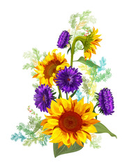 Naklejka premium Bouquet autumn flowers: yellow sunflowers, purple aster (Michaelmas daisy) flower, small green twigs of Asparagus on white background. Digital draw, illustration in watercolor style for design, vector