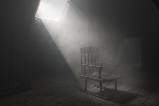 3d rendering of old rocking chair at dark attic with light ray. Concept age and past