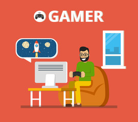 Man sitting on beanbag holds the gamepad and playing video games. Gamer concept. Flat vector illustration.