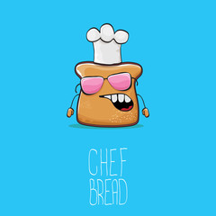 vector funky cartoon cute bread chef character with white chef hat isolated on blue background. My name is bread concept illustration. Bakery funky logo or mascot design template