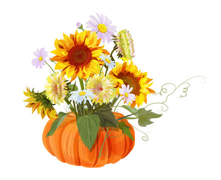 Bouquet autumn flowers: pumpkin, yellow sunflowers, orange gerbera, chamomile (daisy) flower, white asters on white background. Digital draw, illustration in watercolor style for Thanksgiving, vector