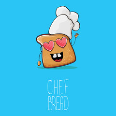 vector funky cartoon cute bread chef character with white chef hat isolated on blue background. My name is bread concept illustration. Bakery funky logo or mascot design template