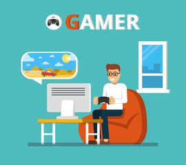 Man sitting at home behind his desk and playing video games. Gamer concept. Flat vector illustration.
