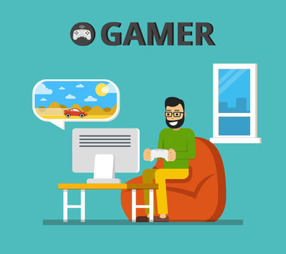 Man sitting at home behind his desk and playing video games. Gamer concept. Flat vector illustration.