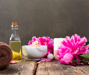 spa massage setting on wooden background