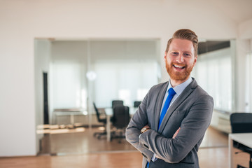 Portrait of standing business man in bright office.