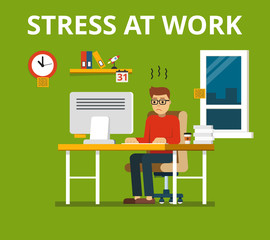 Stress at work concept. Tired and overworked businessman or office worker sitting at his desk. Flat vector illustration.