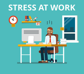 Stress at work concept. Tired and overworked businessman or office worker sitting at his desk. Flat vector illustration.