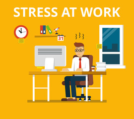 Fototapeta na wymiar Stress at work concept. Tired and overworked businessman or office worker sitting at his desk. Flat vector illustration.