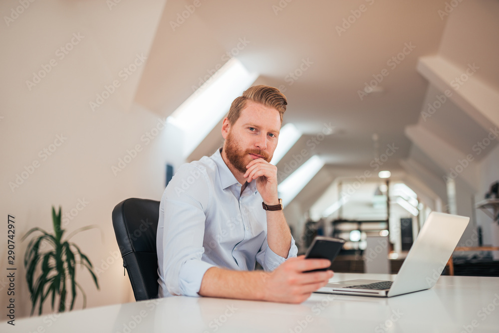 Wall mural Portait of young redhead entrepreneur using smartphone and laptop at work.