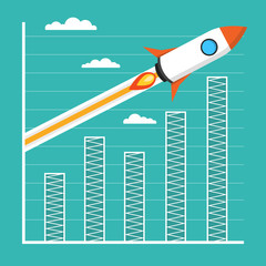 Startup concept. Rocket flies over the business graph or chart. Project development. Flat vector illustration.