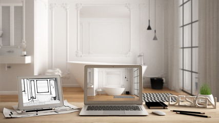 Architect designer desktop concept, laptop and tablet on wooden desk with screen showing interior design project and CAD sketch, blurred draft in the background, classic bathroom